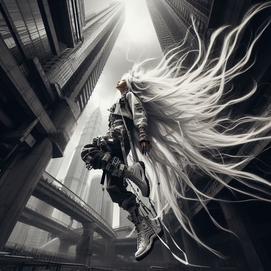 AI generated: style pictural, urbanpunk, prise de vue en contre-plongée, déesse Poseidon, longs cheveux blancs vol...