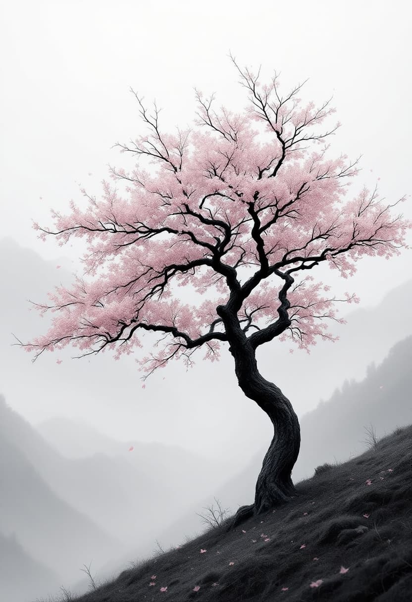 AI generated: A solitary cherry blossom tree with dark, weathered bark standing on a quiet slope in a fog-filled m...