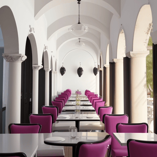 AI generated: Big Greek vibe restaurant modern style 5 stars restaurant with fuchsia flowers and indirect light in...