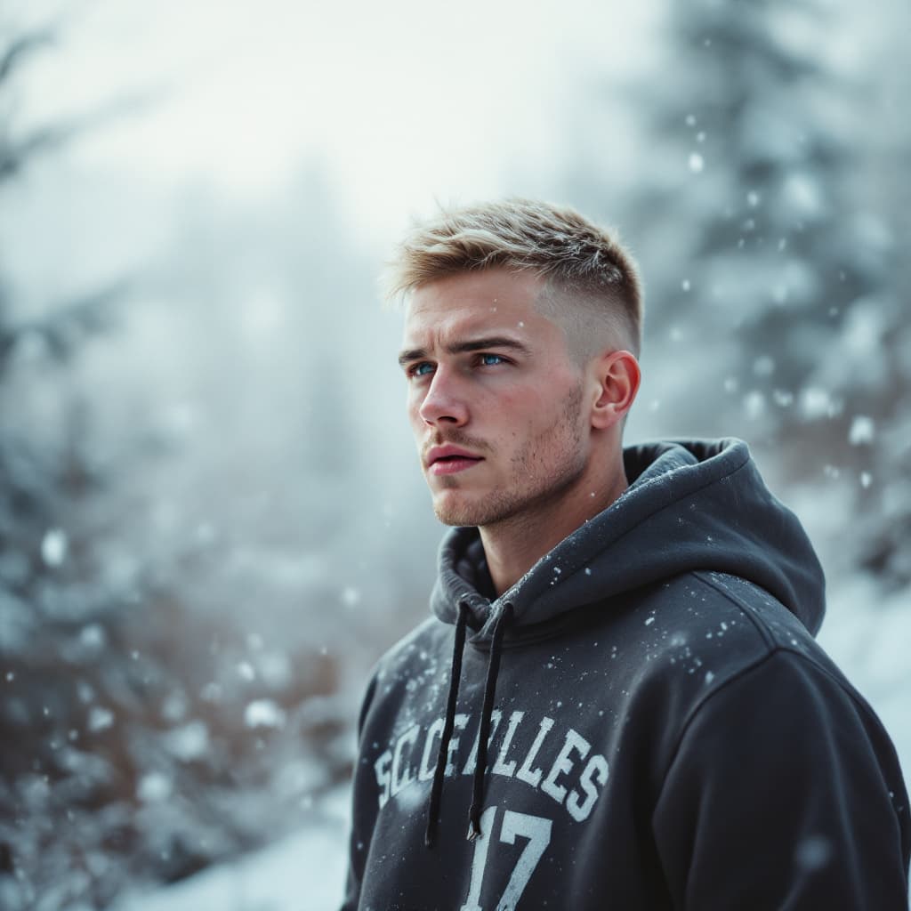 AI generated: “Please describe a scene in which a man with a blond, short, sub-zero haircut wearing a sweatshirt s...