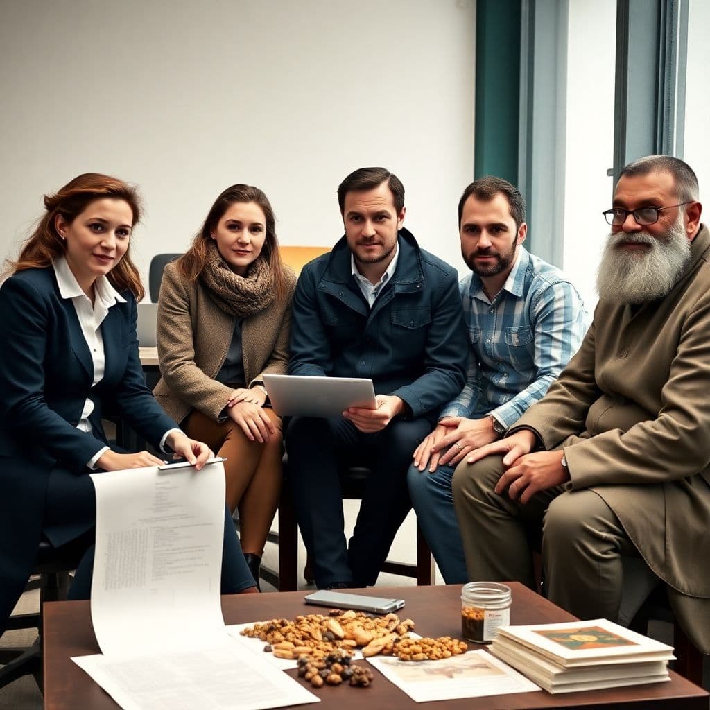 AI generated: 3 men and 2 women (female lawyer, female geologist, male geologist, male IT programmer, male art his...
