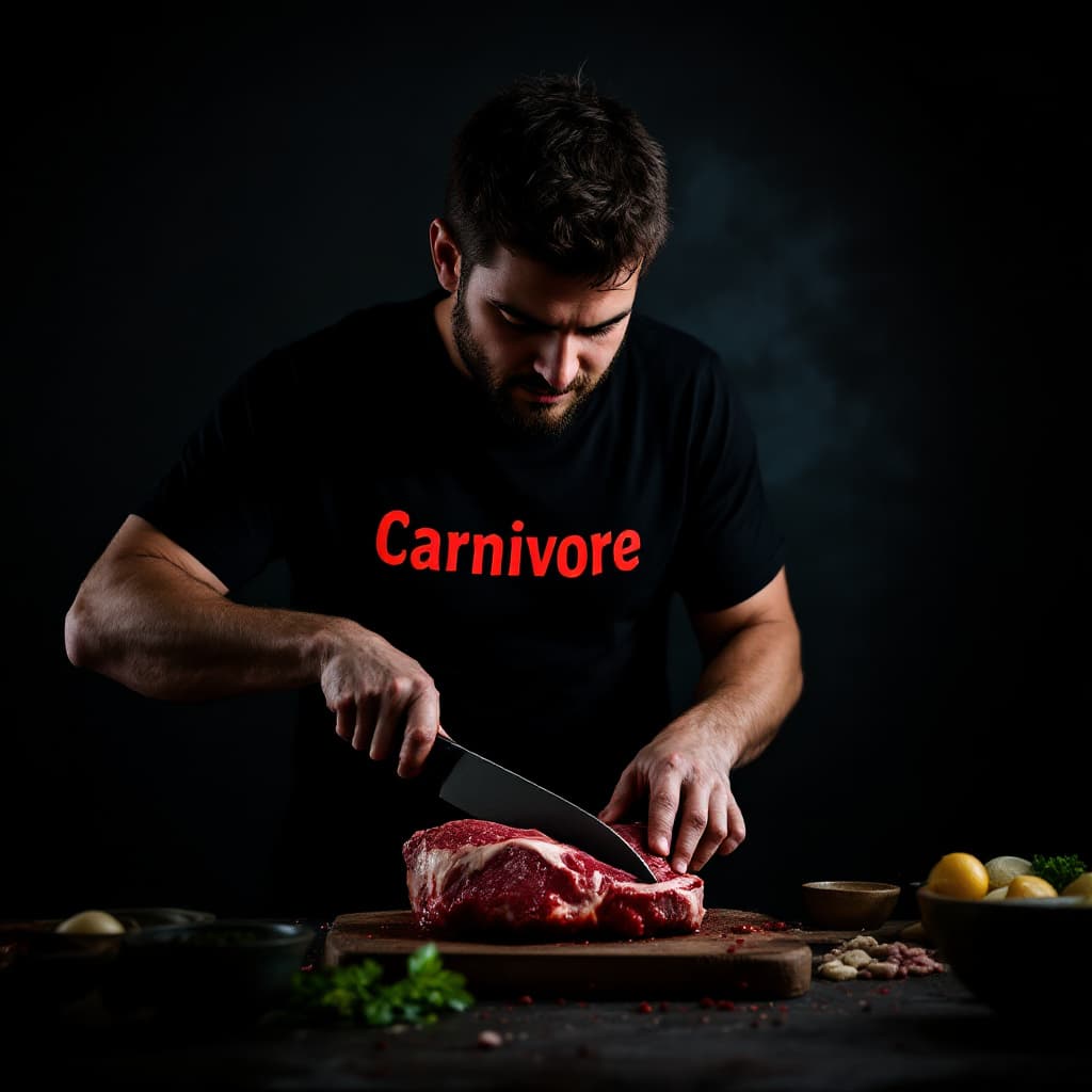 AI generated: darker image of person in black t-shirt with sign Carnivore in red cutting big chunk of meat. show m...