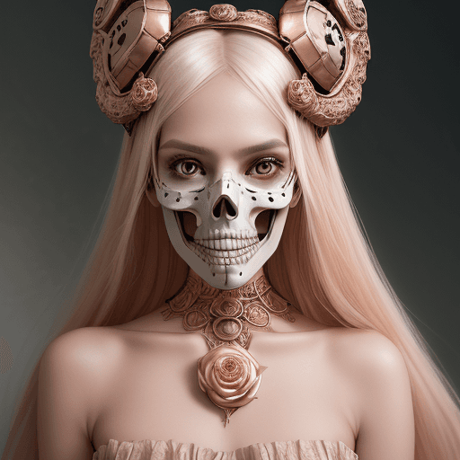AI generated: photo portrait of a woman wearing a skull and bone mask, in the style of rose gold and white, lookin...