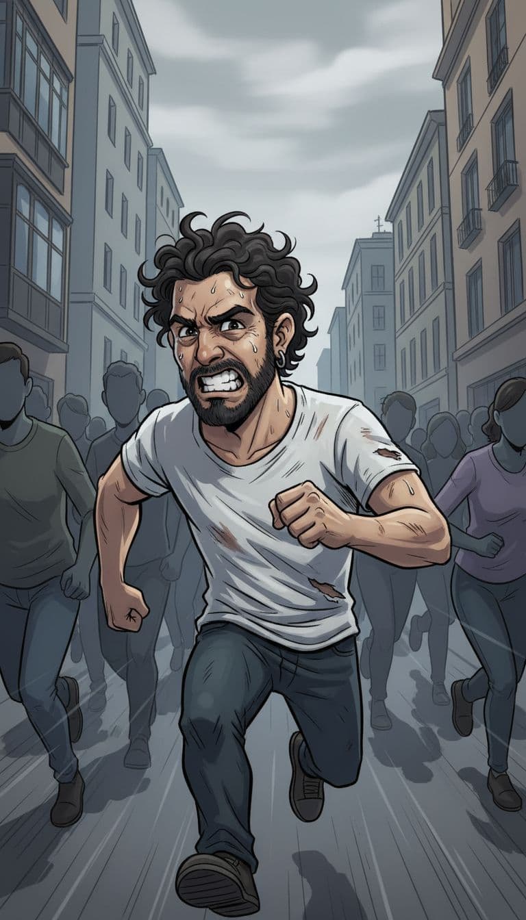 AI generated: Dame una imagen con en semi-realistic cartoon style. Dame al tipo de la foto corriendo en la direcci...