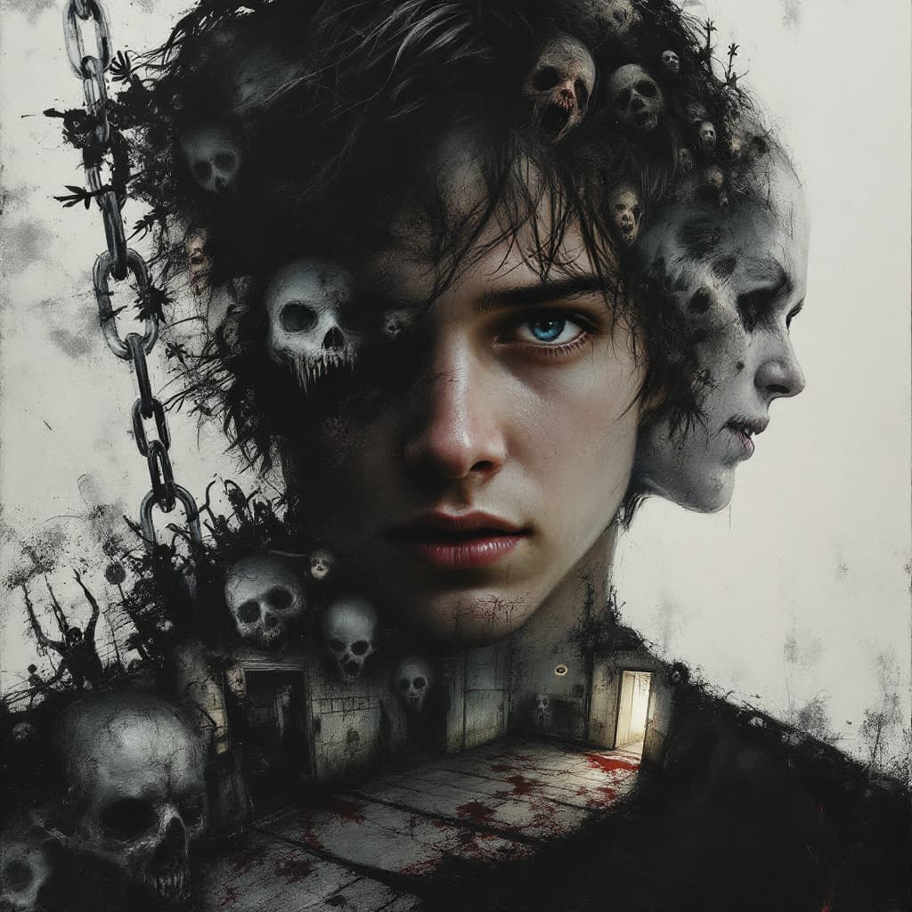 AI generated:  "An award-winning, harrowing double exposure oil painting that captures the sinister and macabre at...