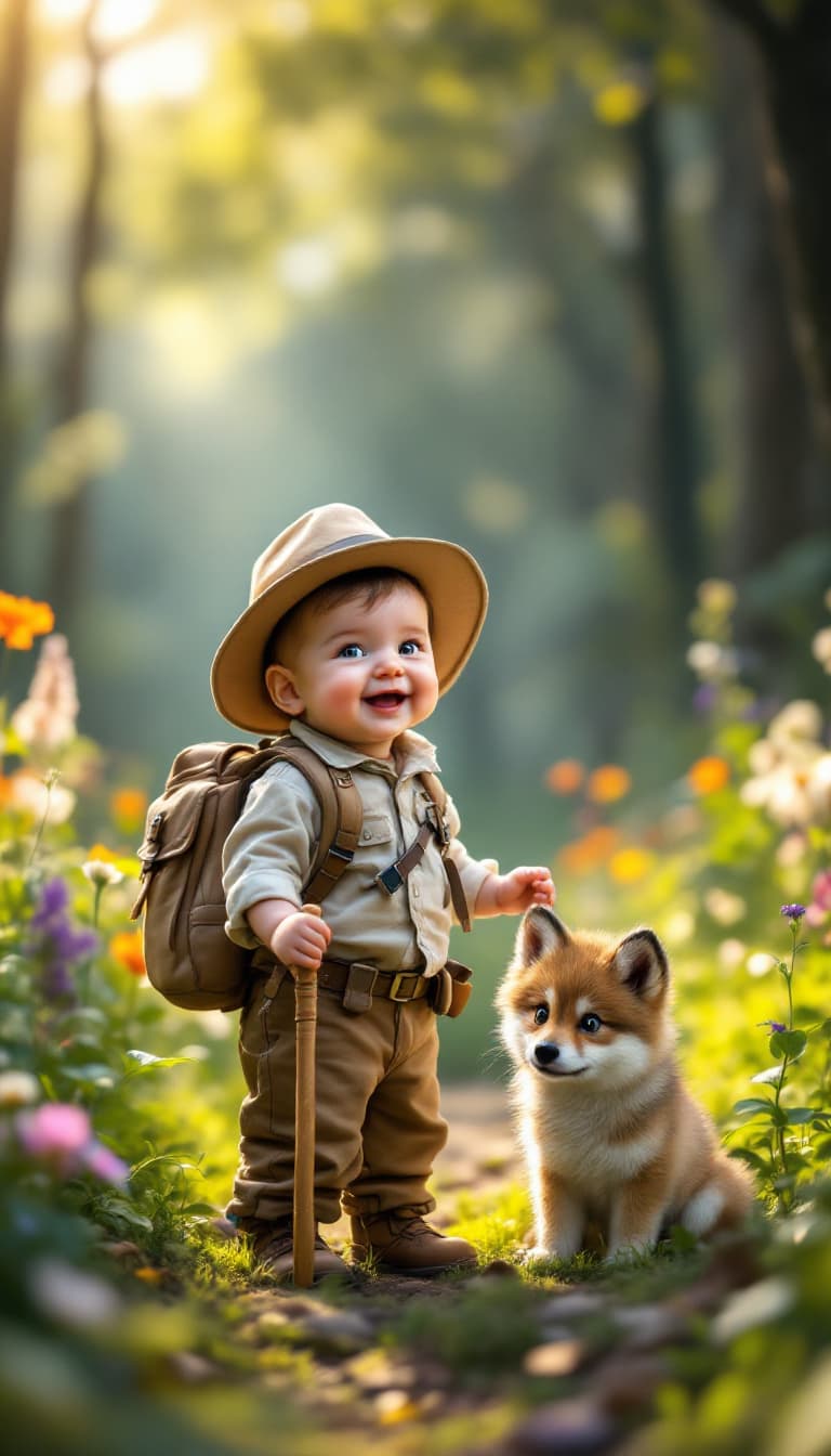 AI generated: A hyper-realistic image of an adorable baby dressed as an adventurer, wearing a tiny safari hat, a m...
