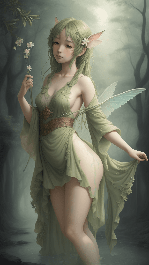AI generated: olive clouds nymph, painting, magical realism, arabesque, high detail, masayoshi suto, Misty, Glowin...