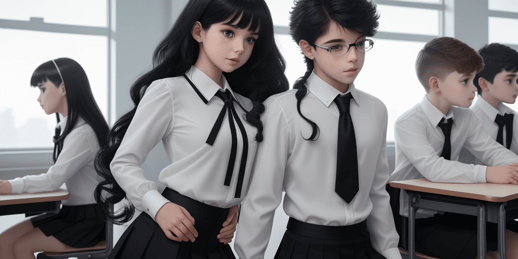 AI generated: A panoramic view of a cyber and future style classroom, gorgeous teacher with class of young boys, w...