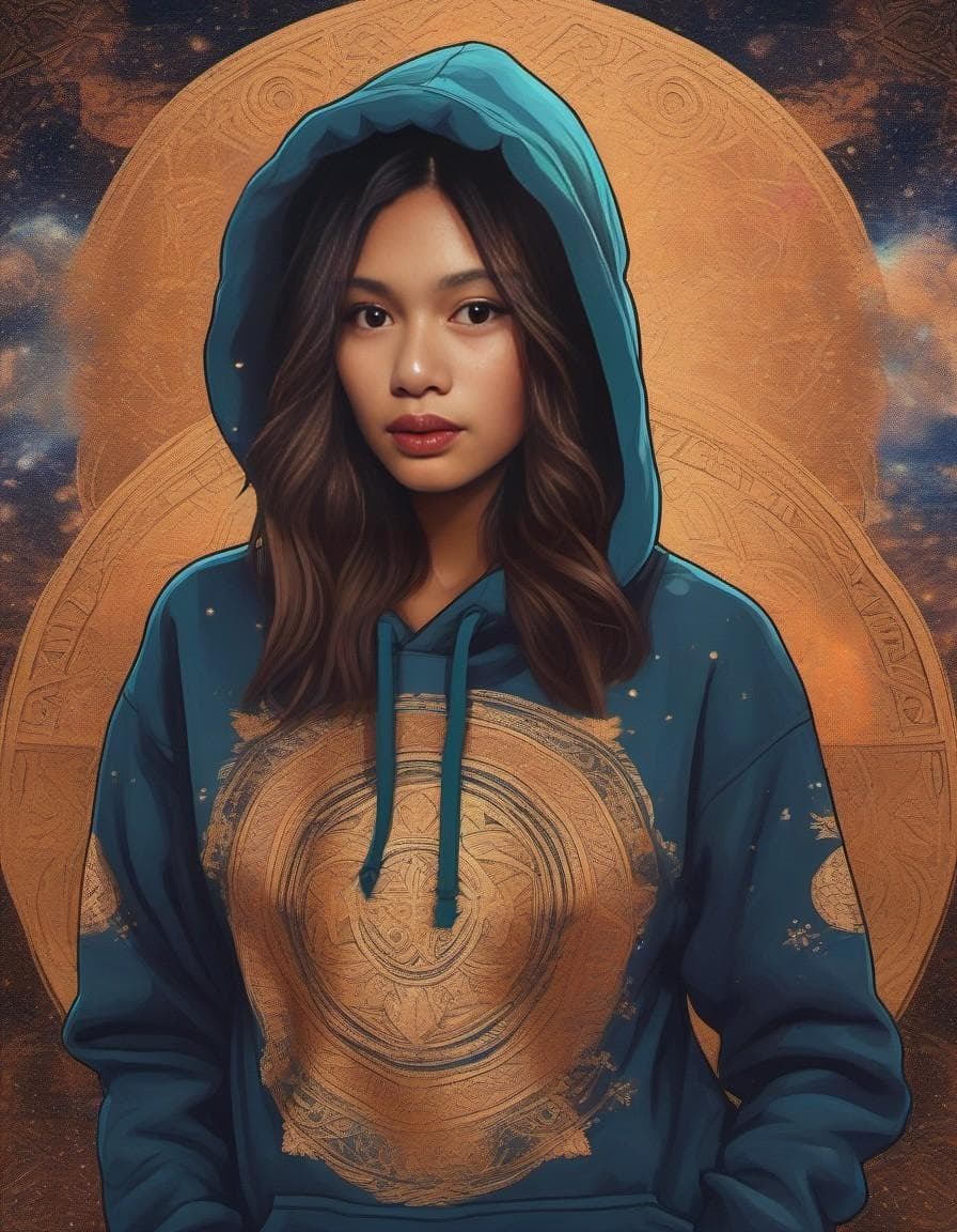AI generated: grainy painting of a skater girl wearing supreme hoodie, in the style of mucha composition, astral, ...