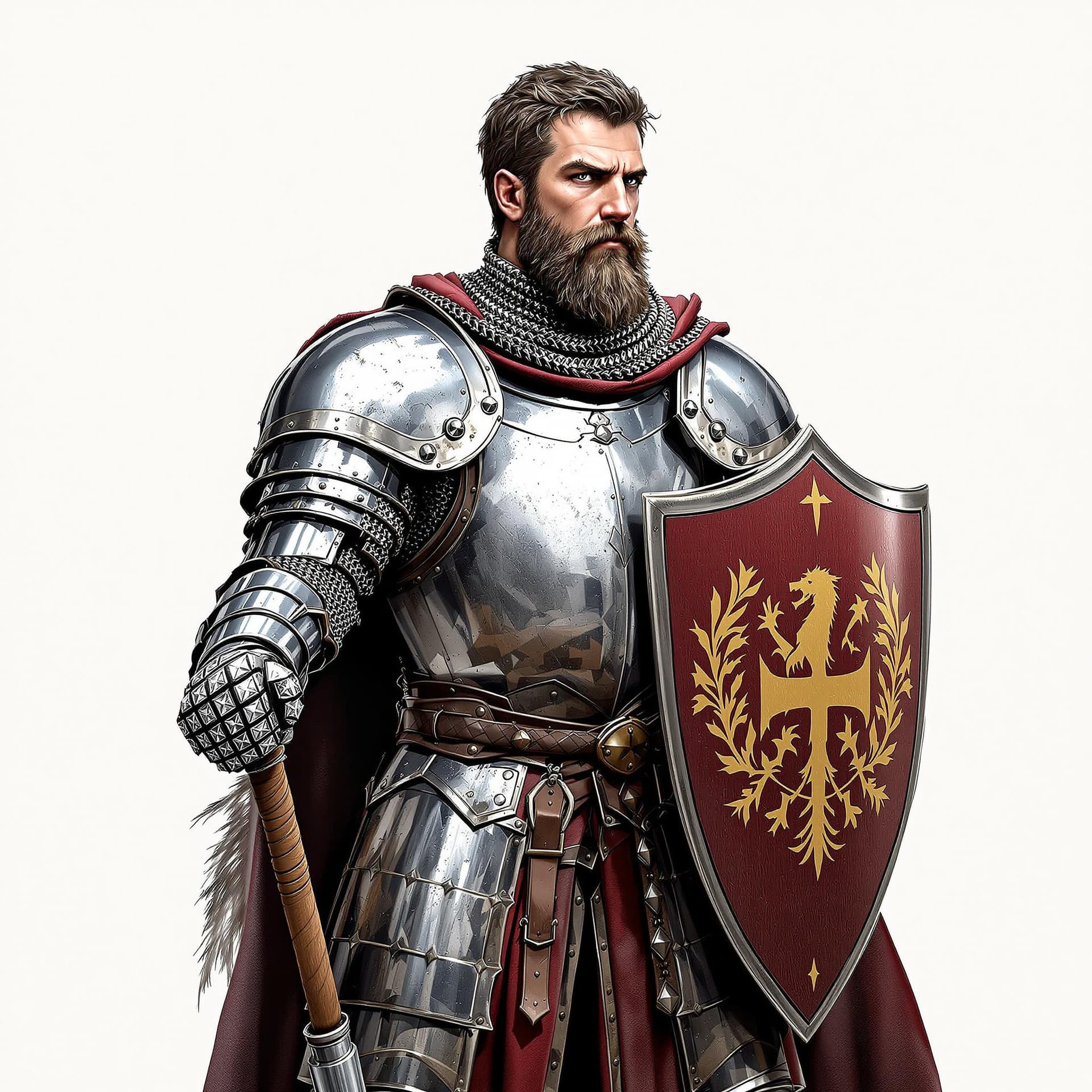 AI generated: a medieval knight in full plate armour, on foot, full body, holding a shield with his coat of arms i...