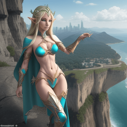 AI generated: /imagine prompt: An elven paladin in a platemail bikini | Fierce pose | Standing on a cliff ledge ov...
