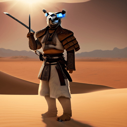 AI generated: in a desert with very strong sunlight, a photo of a samurai polar bear with a katana in his hands in...