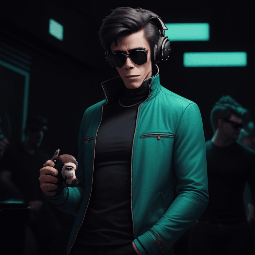 AI generated: action packed, The image features a (monkey wearing a tosca jacket:1.3), a black shirt, and a pair o...