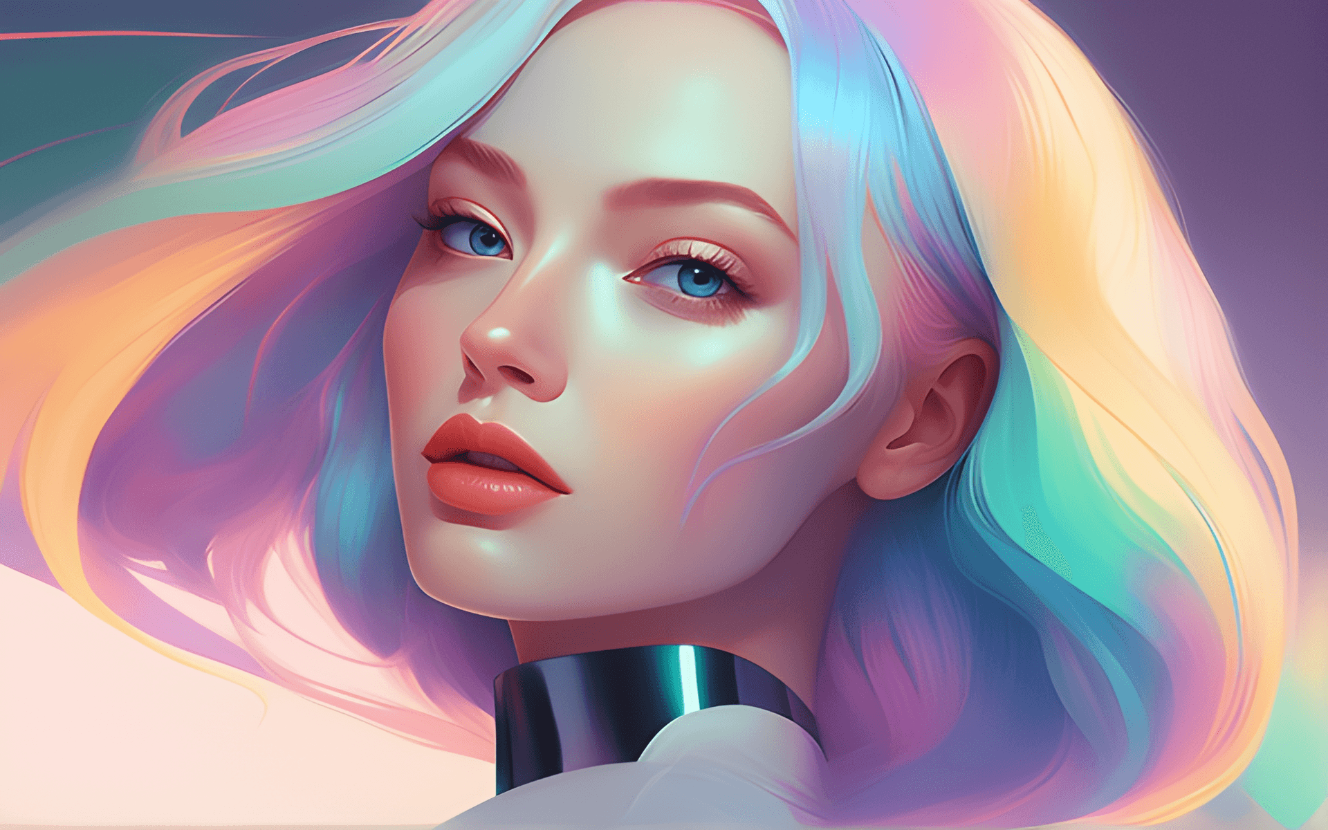 AI generated: a close up of a woman with a colorful hair and a choke, rossdraws pastel vibrant, stunning digital i...
