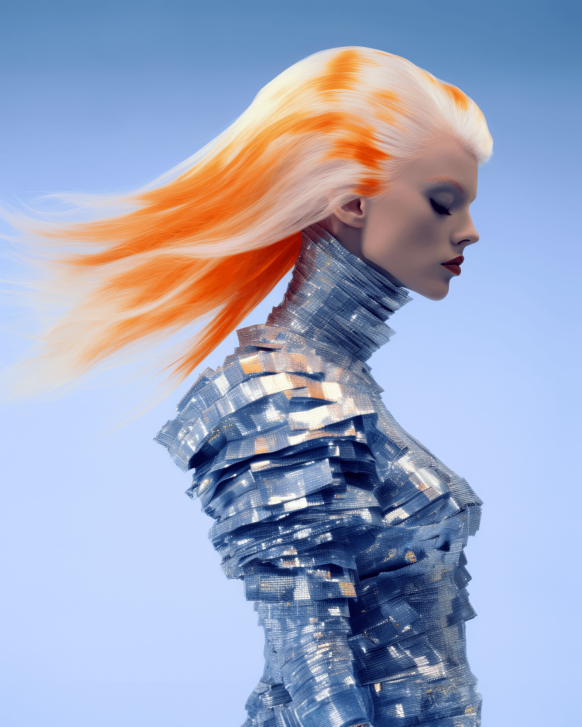 AI generated: regina rae's hair by christine bett, 1980, in the style of light aquamarine and orange, gareth pugh,...