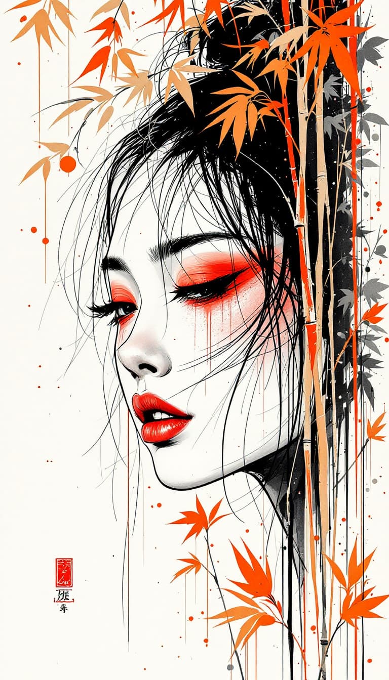 AI generated: A minimalist drawing captures the essence of a  coloful Japanese woman's face with red eyeshadow, re...