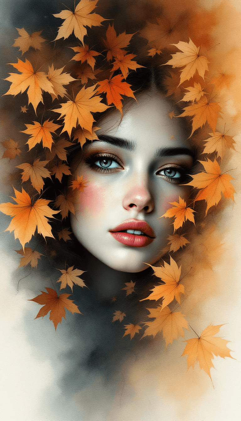 AI generated: A surreal watercolor portrait of a woman's face emerging through a swirling cascade of autumn leaves...