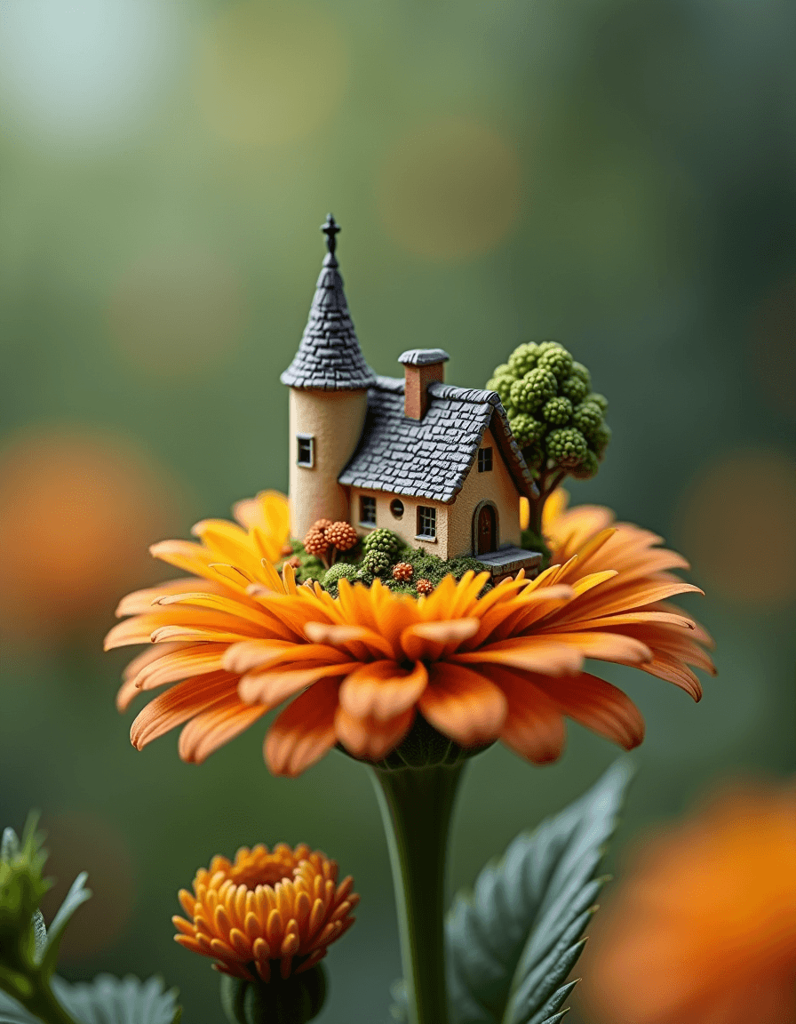 AI generated: macro photography of a miniature little village on top of a flower