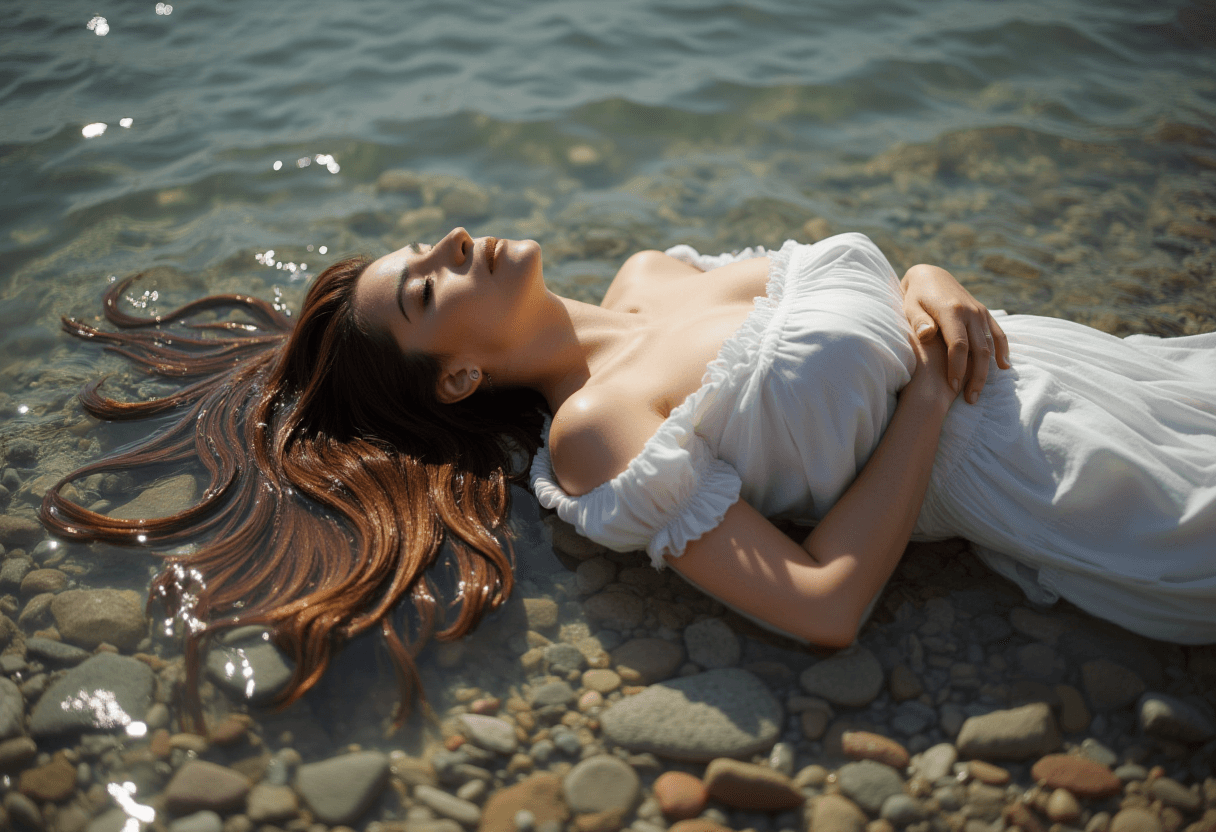 AI generated: low angle photograph of a woman, from the side, lying on her back in a shallow lake, pebbles and roc...