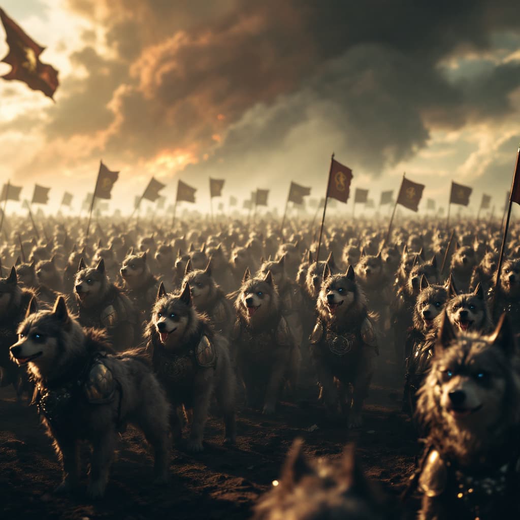 AI generated: The air is thick with tension as rows upon rows of dogs, clad in gleaming armor, stand at attention ...