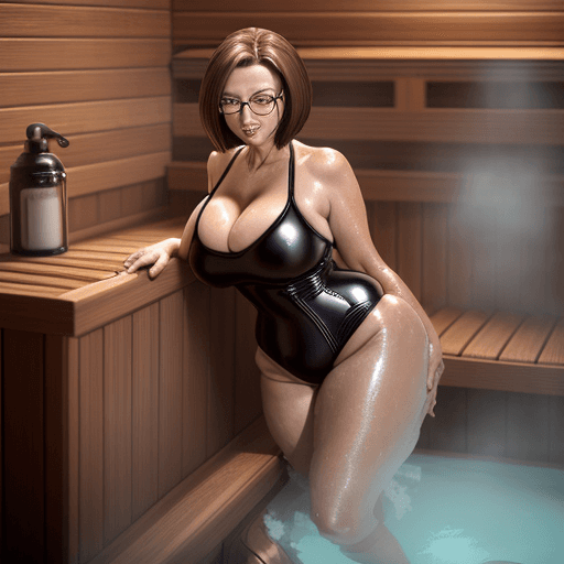 AI generated: 60 year old woman with brown hair in a bob, full body, witch huge breasts, big ass, latex pvc swimsu...