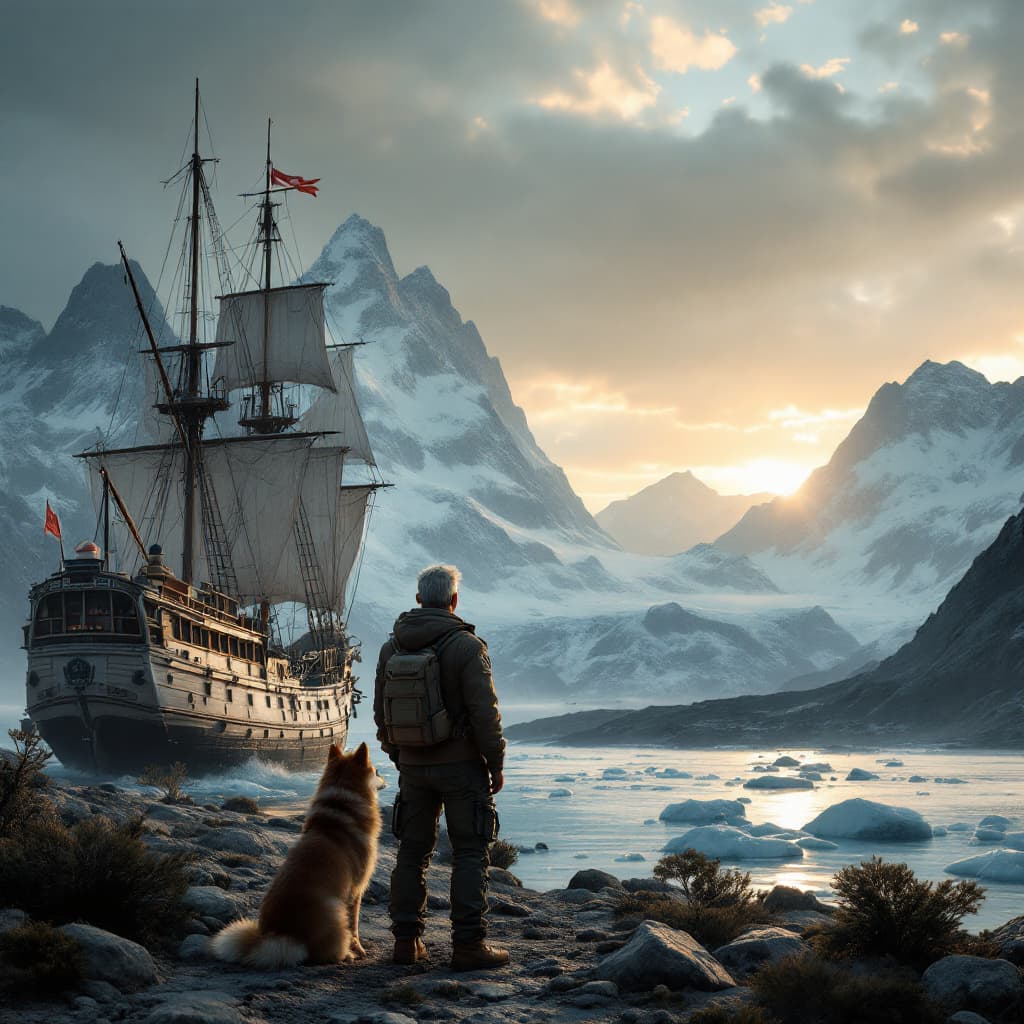 AI generated: Photo of a ultra realistic sailing ship, dramatic light, pale sunrise, cinematic lighting, battered,...