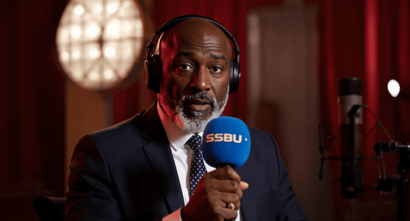 AI generated: The man with the microphone looks straight forward, into the lens