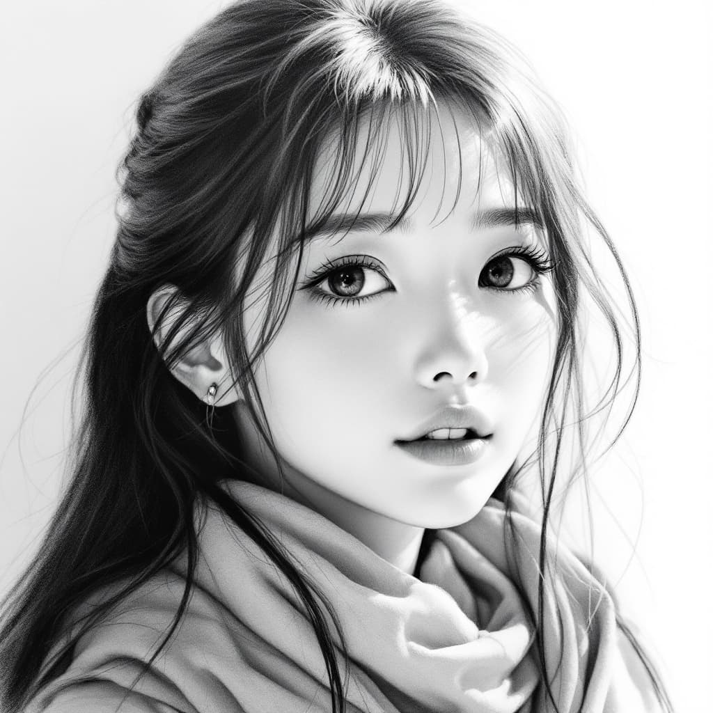 AI generated: A pencil sketch of an Asian girl with long hair, wearing white and scarves around her neck, a half-l...