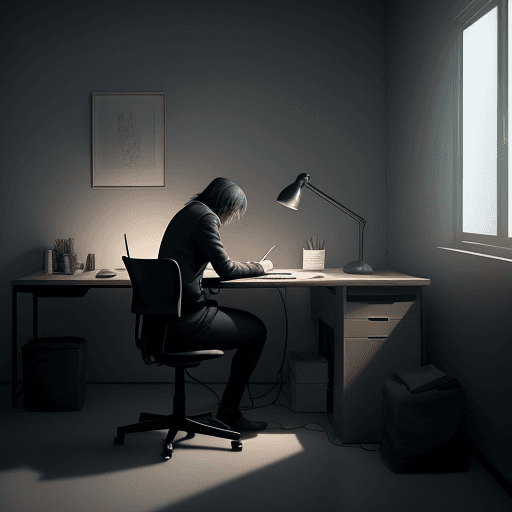 AI generated: /imagine prompt: dimly lit, lone figure: [Illustrate a lone figure seated at a desk in a dimly lit r...