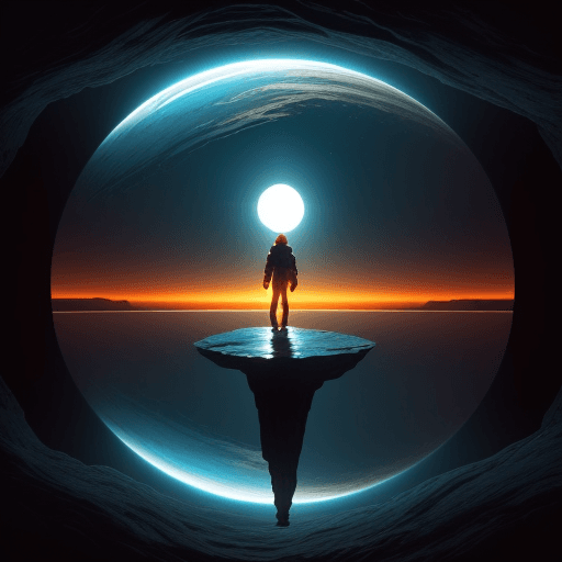AI generated: An image of a solitary person stands on the edge of a reflective water body in the center of a sci-f...
