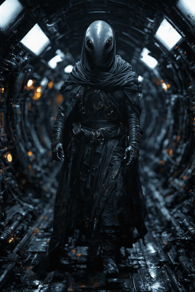 AI generated: An ancient alien warrior, black and grey, metallic, blends into the darkness on the space ship, unde...