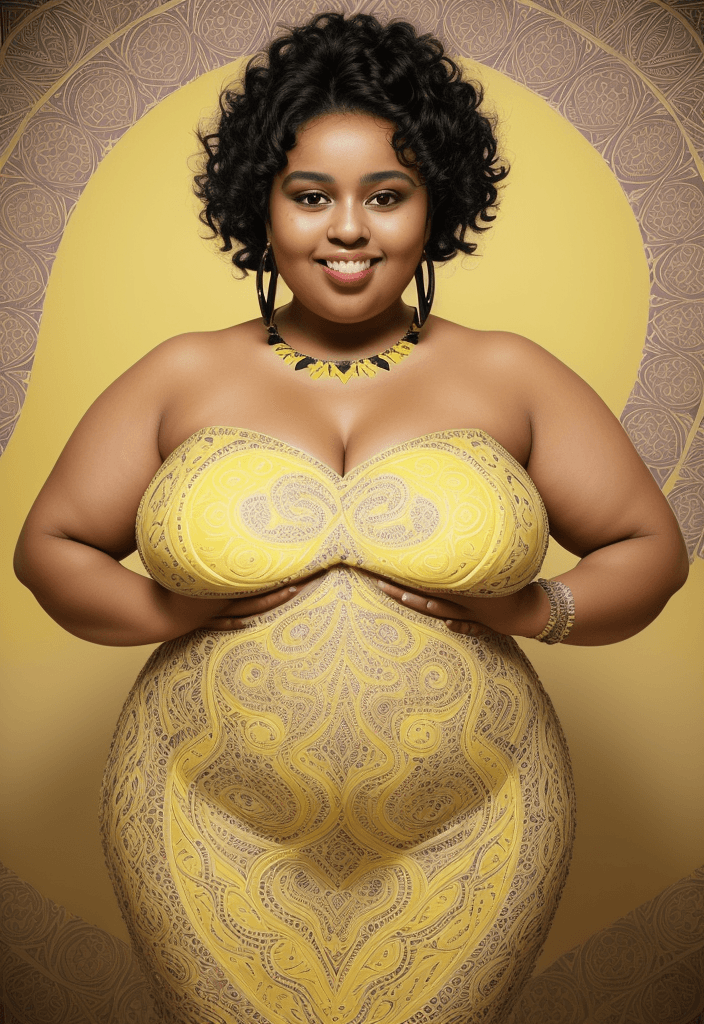 AI generated: A gorgerous fat woman professional photography with delicate features, black, curly hair, kind and v...