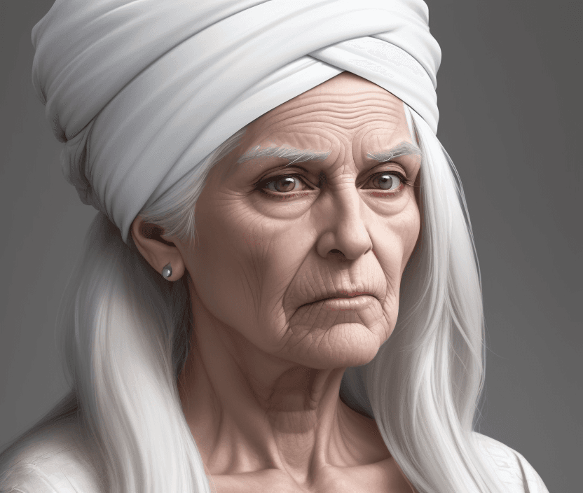 AI generated: The image features an older woman, a long white hair, she has a stern expression, giving the impress...