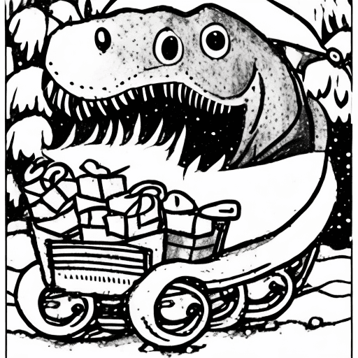 AI generated: cute cartoon t-rex with santa hat on sleigh in the snow. line drawing only. will be used by kids to ...