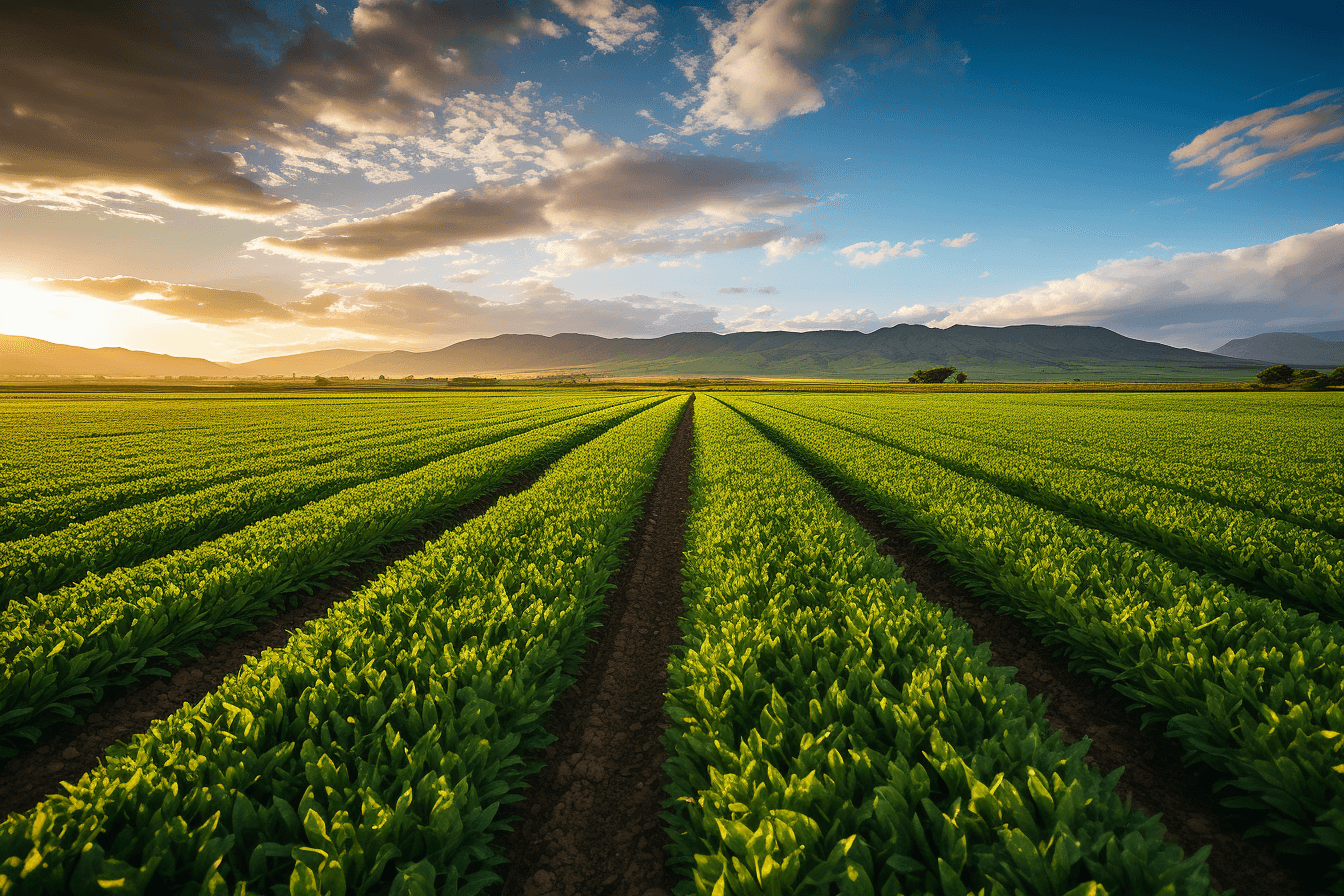 AI generated: A wide shot of the vibrant green and brown farmland with a clear blue sky, white clouds in the backg...