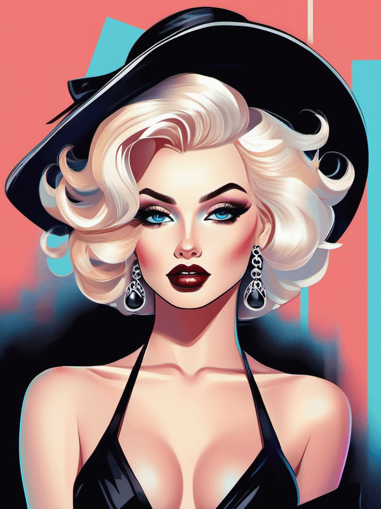 AI generated: portrait of Marilyn Monroe, dressed in black, blue eyes, red lips, digital art, by artgerm, bold ill...