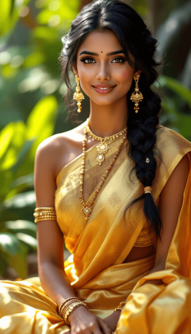 AI generated: /imagine prompt: A beautiful Indian woman with flawless bronze skin, expressive almond-shaped brown ...