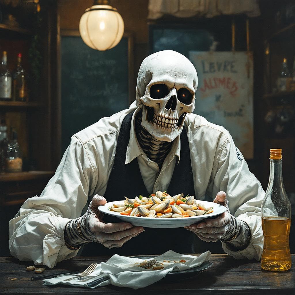 AI generated: Quiero la imagen de la muerte ofreciéndome un plato de almejas recién hecho. La imagen tiene que ser...