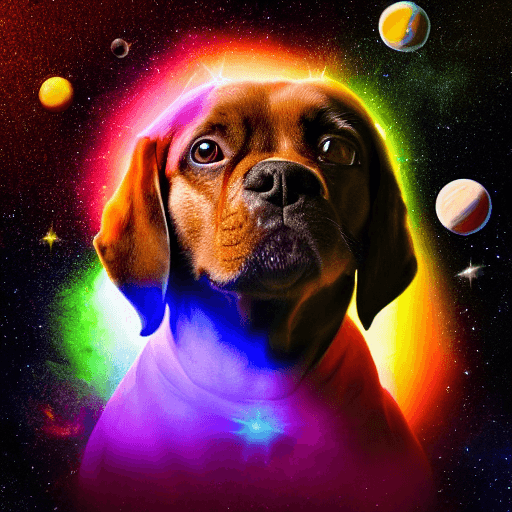 AI generated: a dog in  Outer space, galaxies, stars, cosmic rays, black matter, celestial objects, photorealistic...