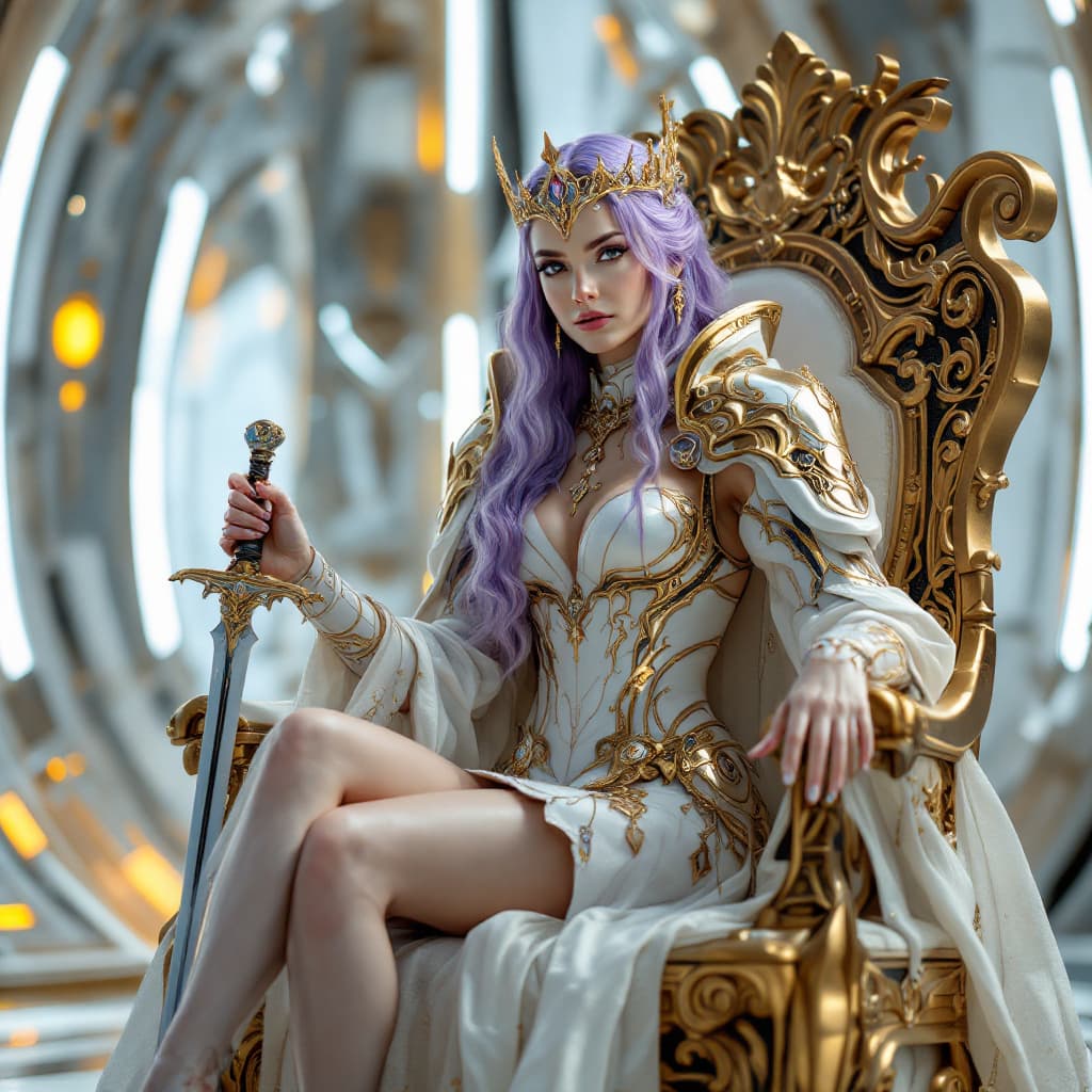 AI generated: Full body vof iew Image of a female galactic royal empress, her royal armor is light, richly ornamen...