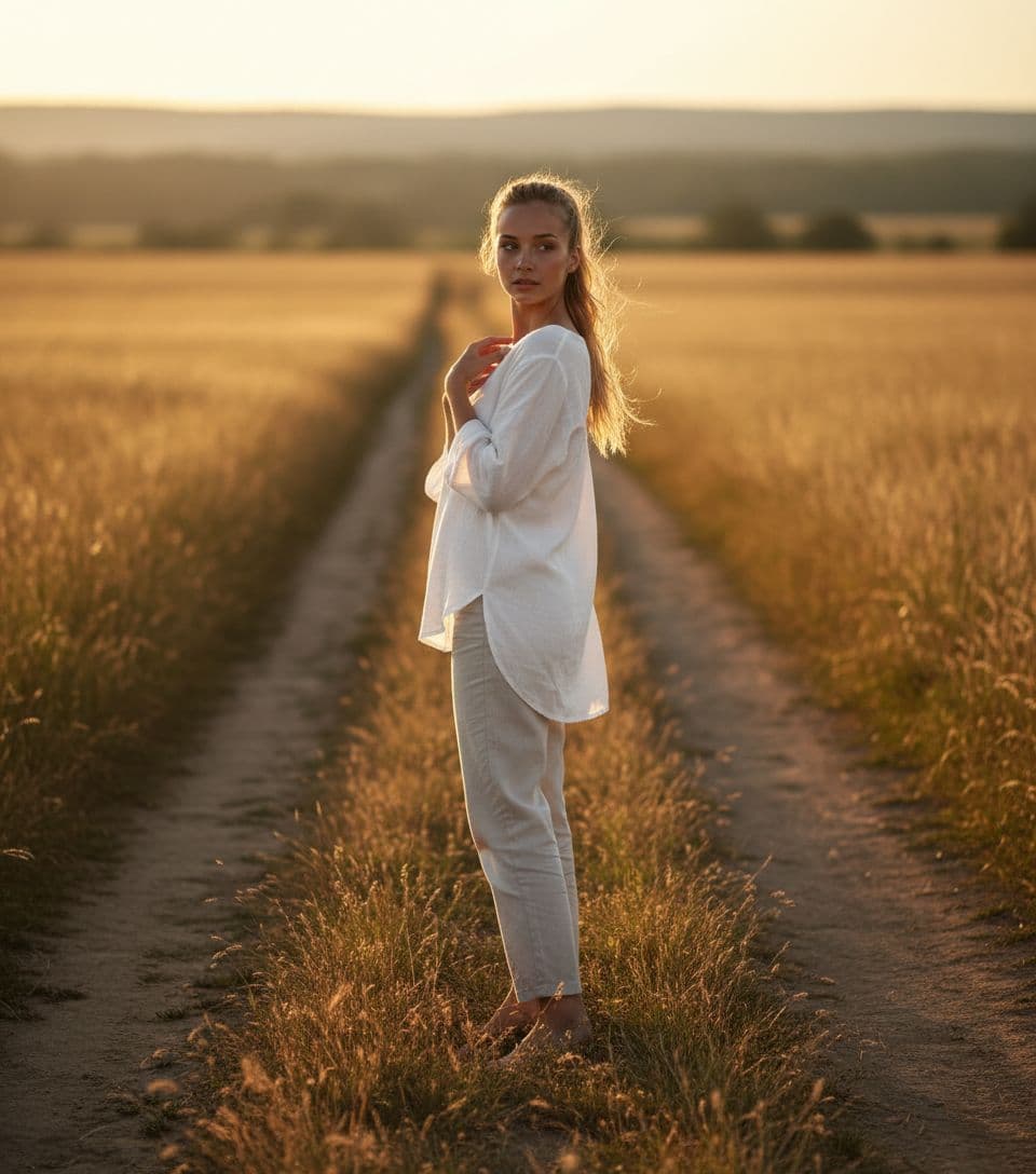 AI generated: A woman, with sun-kissed blonde hair and a thoughtful expression, pauses on a dirt path in an expans...