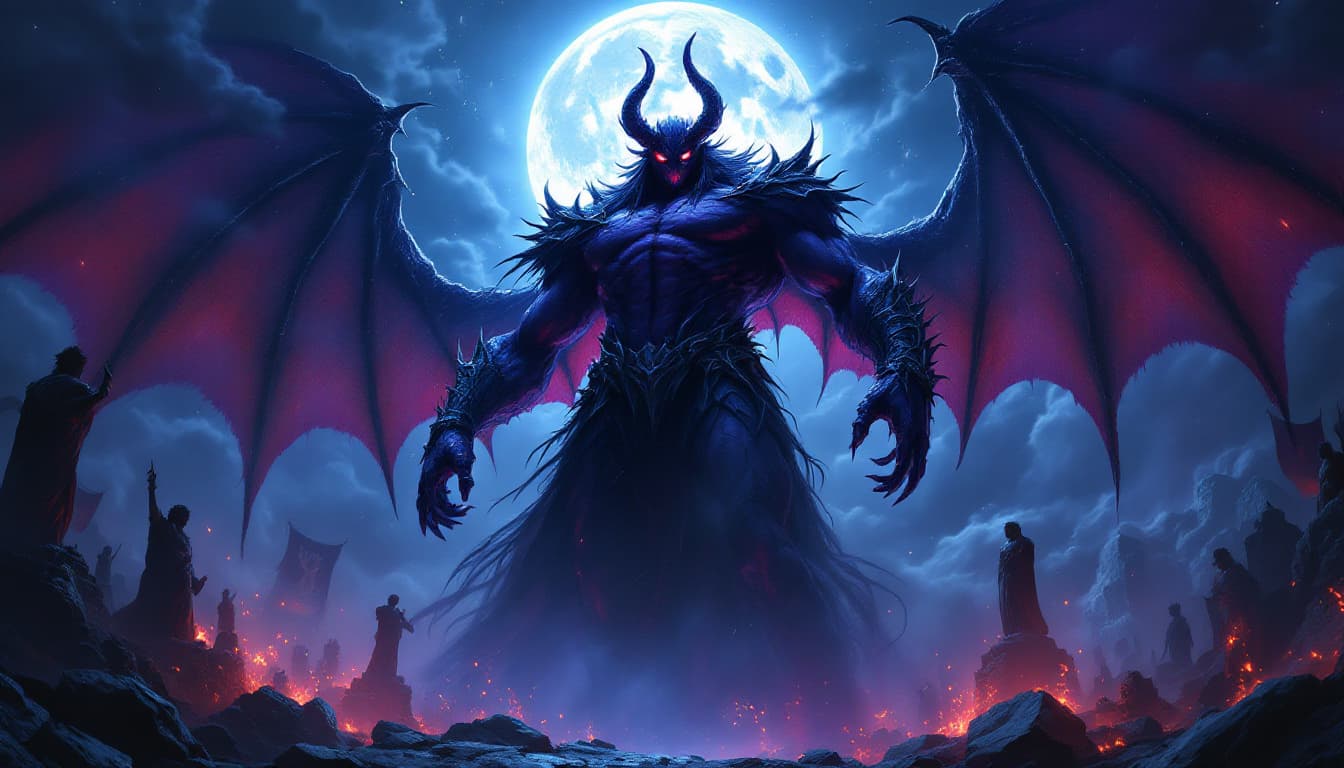 AI generated: A towering avenging demon with deep purple skin, glowing red eyes, and an intense, wrathful expressi...