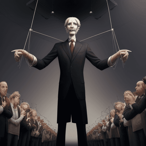 AI generated: A man, a puppeteer, controls the crowd with strings. The concept of world conspiracy, world governme...