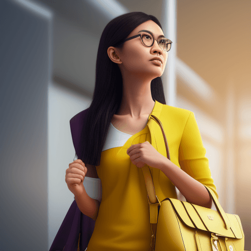 AI generated: Photo of a ultra realistic a Malay woman wearing a yellow headscarf is carrying a yellow bag walking...