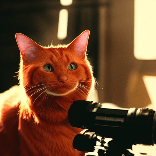 AI generated: realistic redhead cat as a cinematographer on film stage, daylight, indirect lighting, analog style
