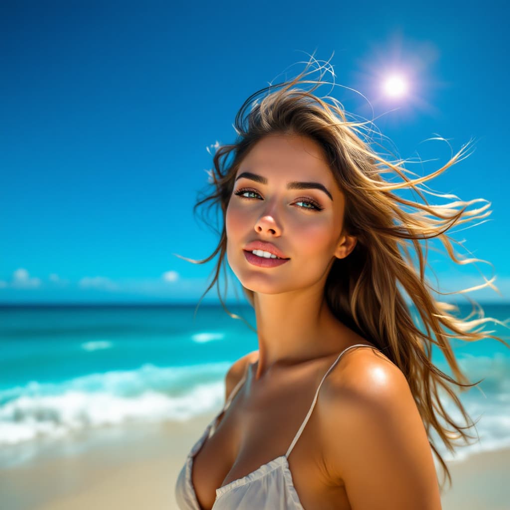 AI generated: "A stunning woman standing on a beach, looking towards the front with a serene and confident express...