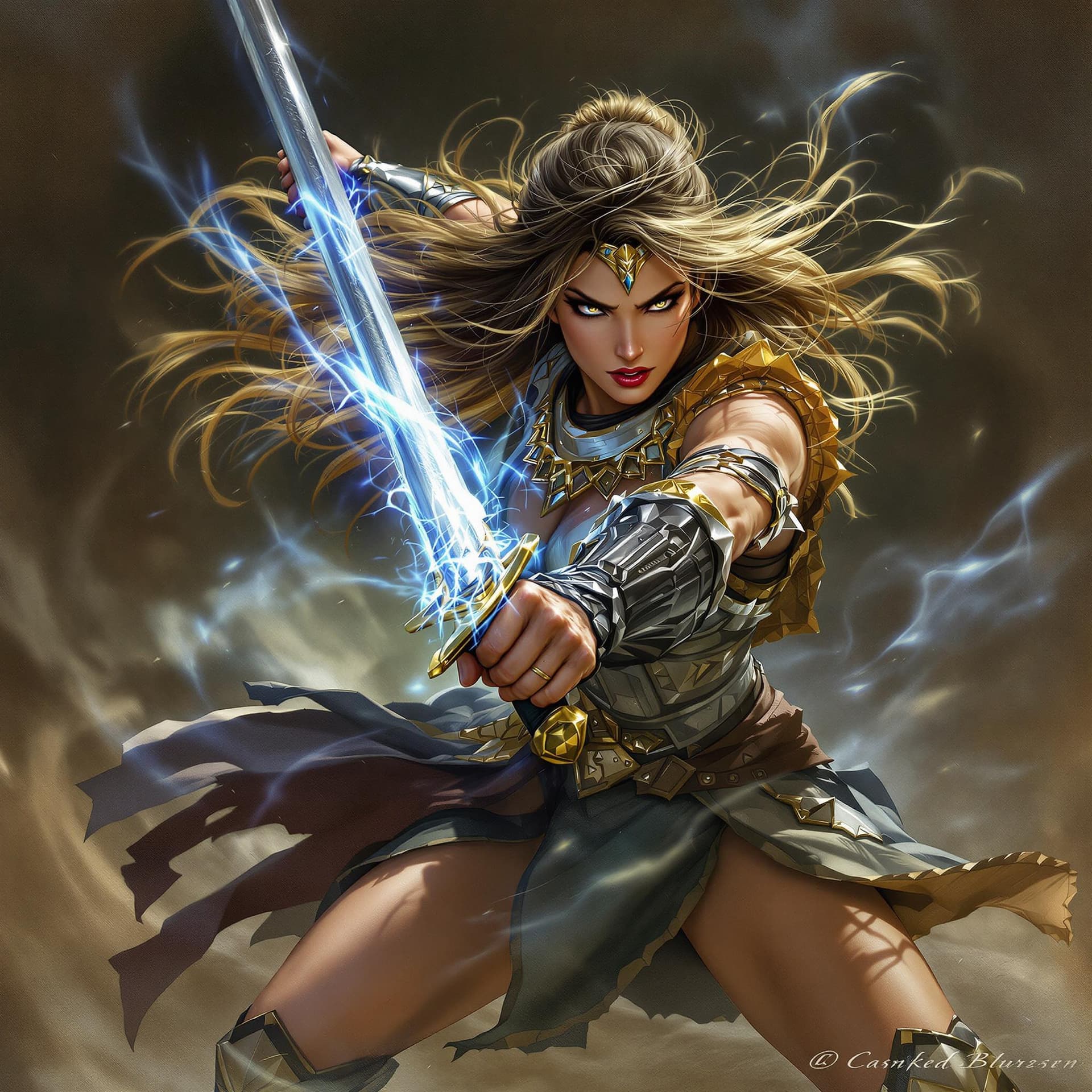 AI generated: xena an warrior princess, with her sword posing a strike, motion blur on the sword, she is fighting ...
