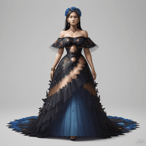 AI generated: A full body photorealistic beautiful dress made entirely of leaves with blue apple texture, rose pat...