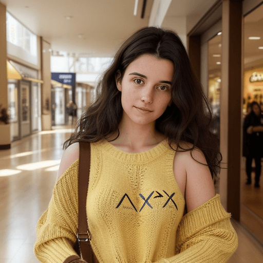AI generated: A woman with wavy dark brown hair, wearing an oversized yellow knitted sweater that leaves her shoul...