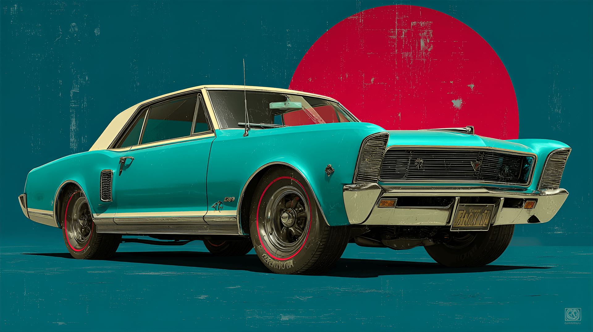 AI generated: Retro 1960s muscle car, stylized illustration,  deep teal blue and white coupe, low-slung, custom-lo...